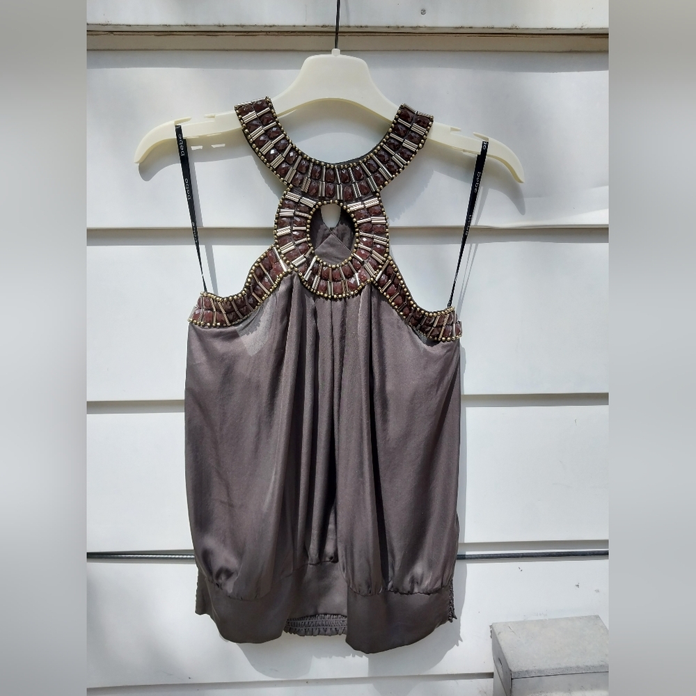 NWT Bebe 100% silk o-ring embellished halter top